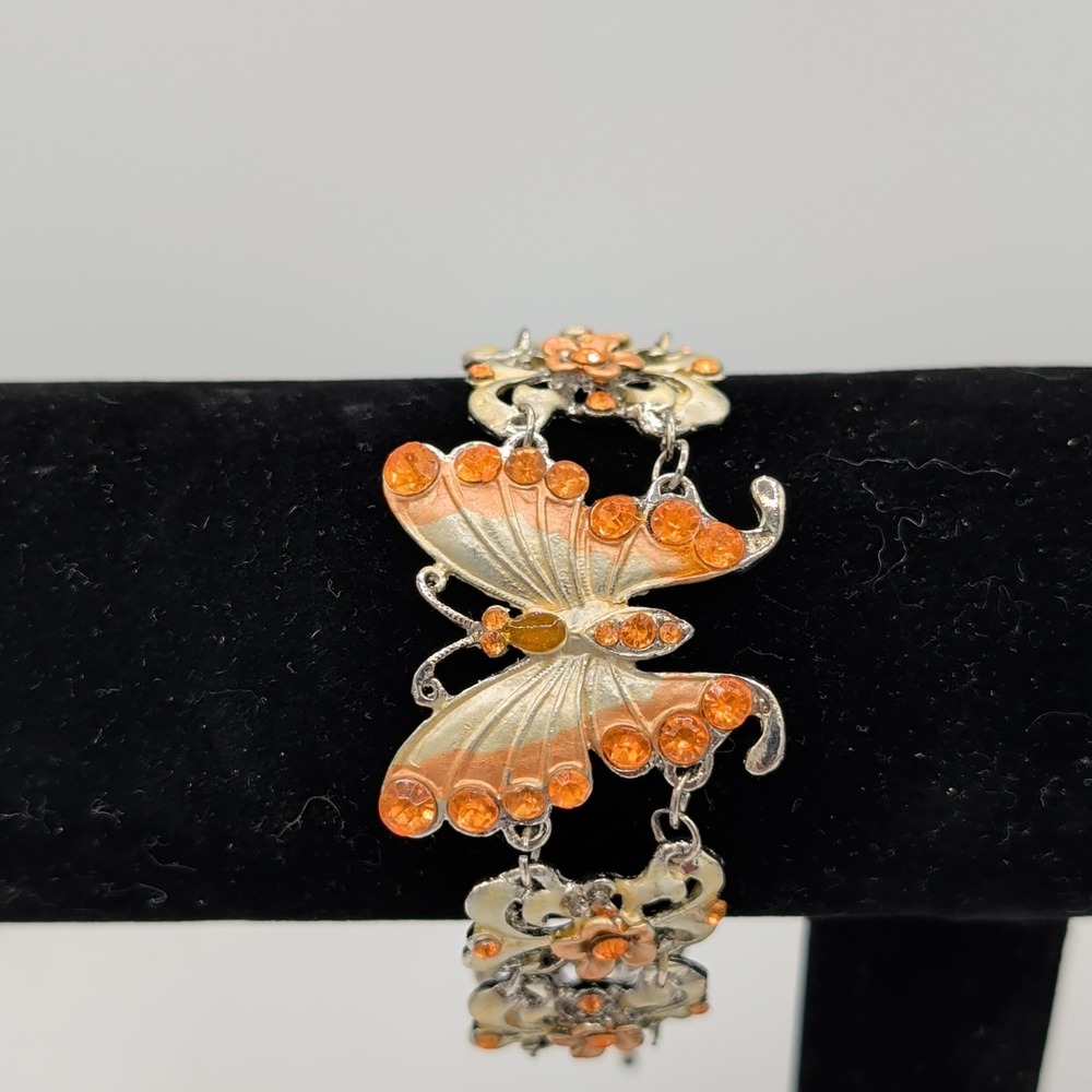 Gold And Silver Tone Enamel Butterfly Floral Link Bracelet Orange Rhinestone - Picture 12 of 16